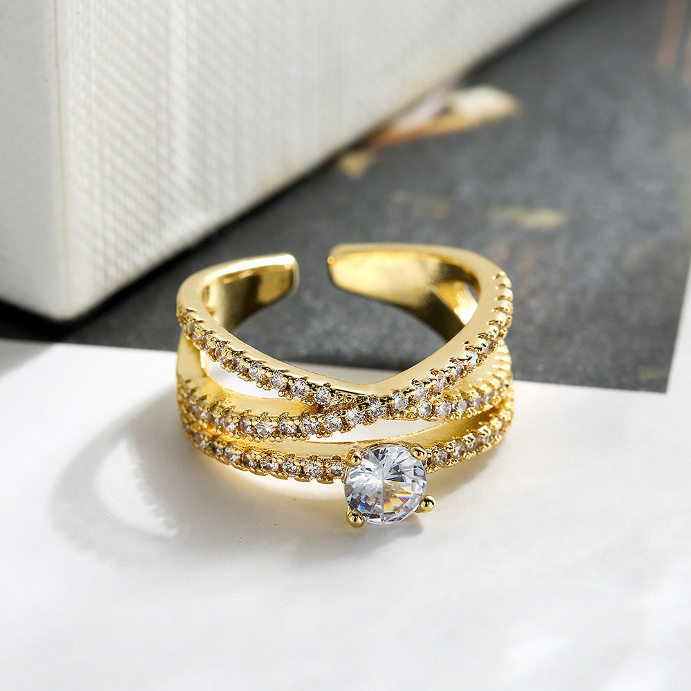 Minimalist Geometric Open Ring for Women Made of Brass with Real Gold Plating and Zircon Inlay