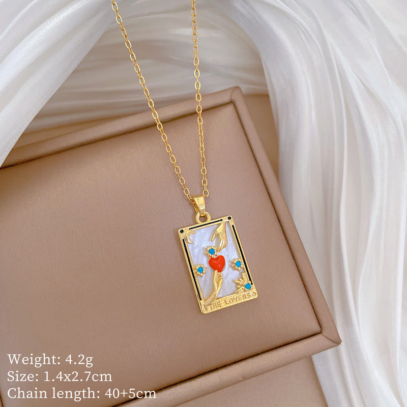 Minimalist Geometric Tarot Card Pendant Necklace in Titanium Steel with Hand-in-Hand Design and Moon Motif
