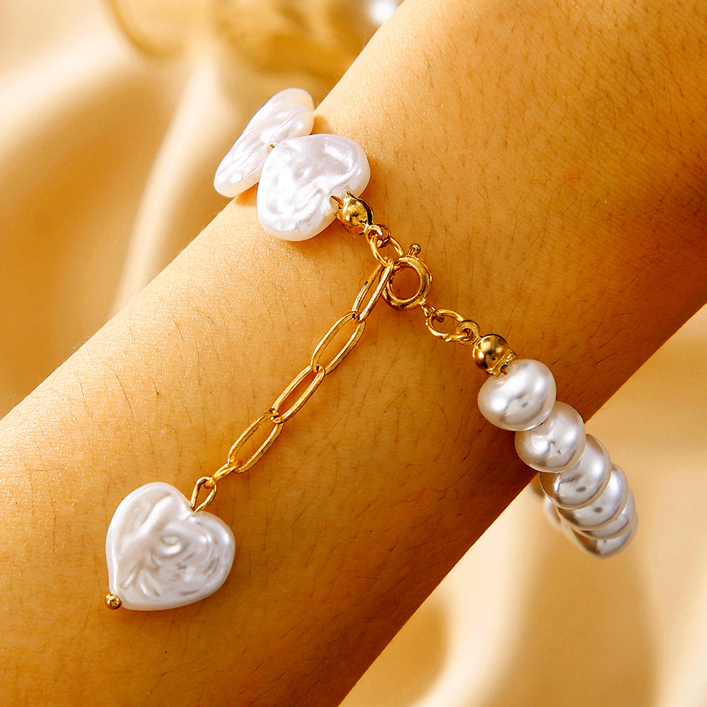 Vintage Elegant Geometric Heart Butterfly Imitation Pearl Bracelet with T-Bar Clasp