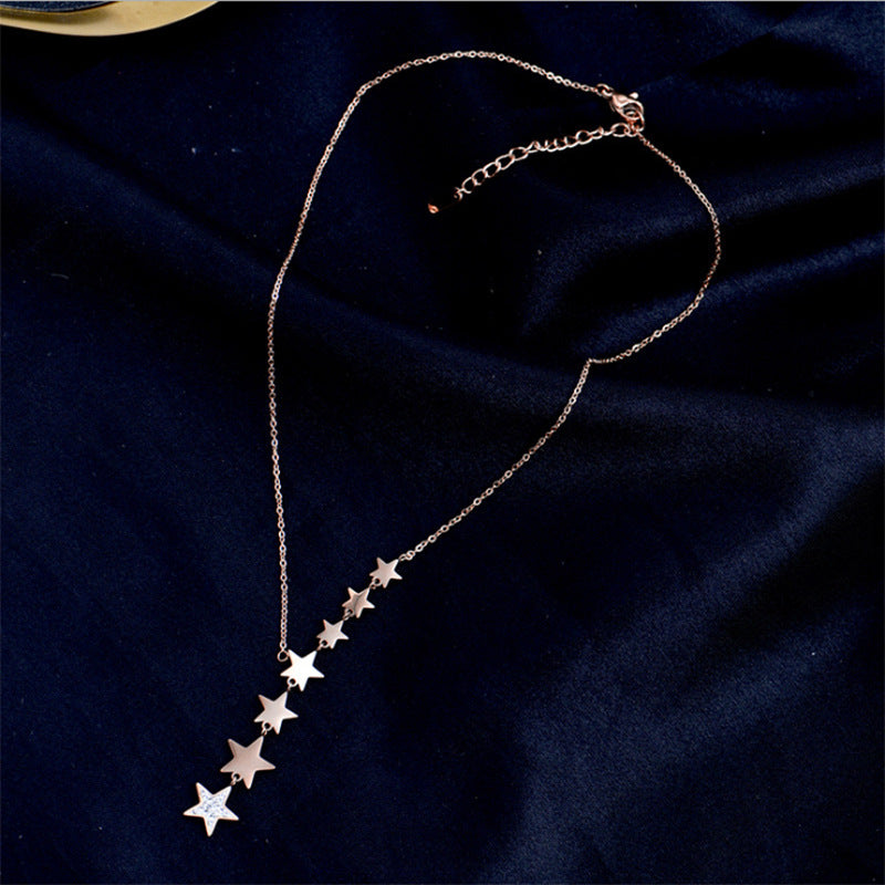 Minimalist Star-Shaped Stainless Steel Pendant Necklace with Rhinestone Inlay and Tassel Detail for Women