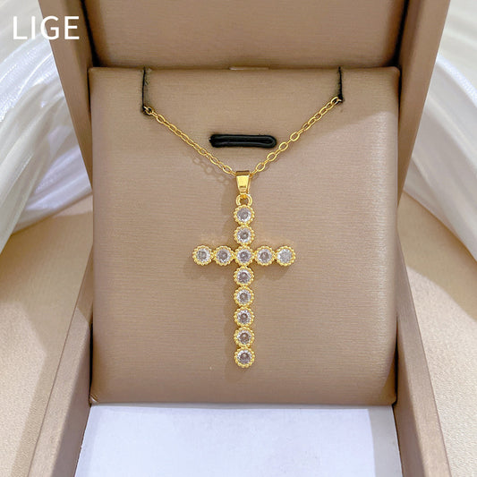 Sweet Minimalist Cross Geometric Rhinestone Plated Titanium Steel Necklace with Cable Chain for Unisex