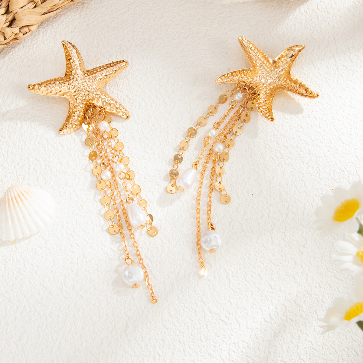 Sweet Zinc Alloy Plated Star Fish Pearl Crystal Tassel Earrings for Women
