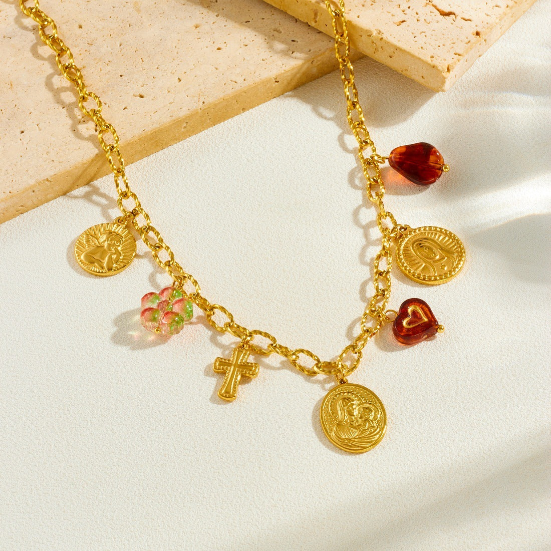 Vintage Luxury Gold Plated Stainless Steel Cross Heart Round Relief Portrait Roman Numeral Pendant Necklace Bracelet Set with Cable Chain for Women