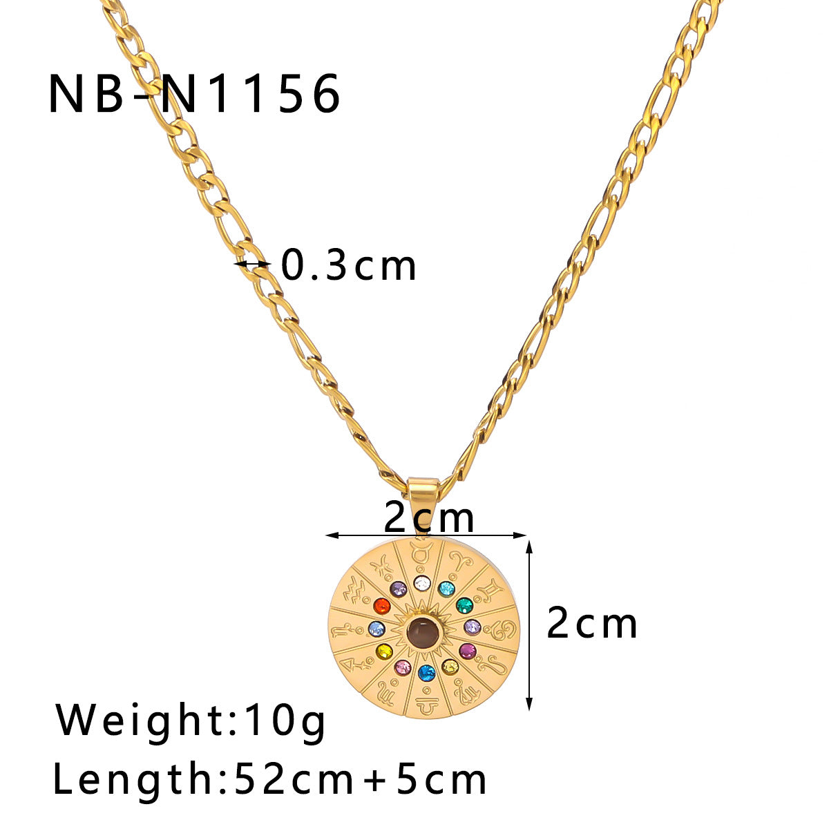 Vintage Zodiac Pendant Necklace for Women Stainless Steel Base with 18K Gold Plating Geometric Shape Cubic Zirconia Inlay Figaro Chain