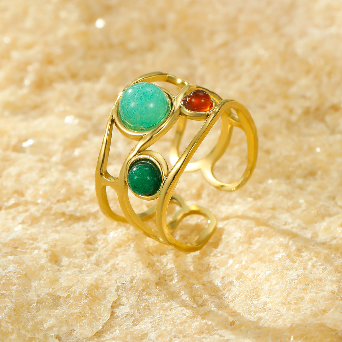 Anello Minimalista di Lusso a Cuore in Pietra Naturale in Acciaio Inossidabile con Placcatura in Oro 18K, Fascia Aperta Regolabile da Donna