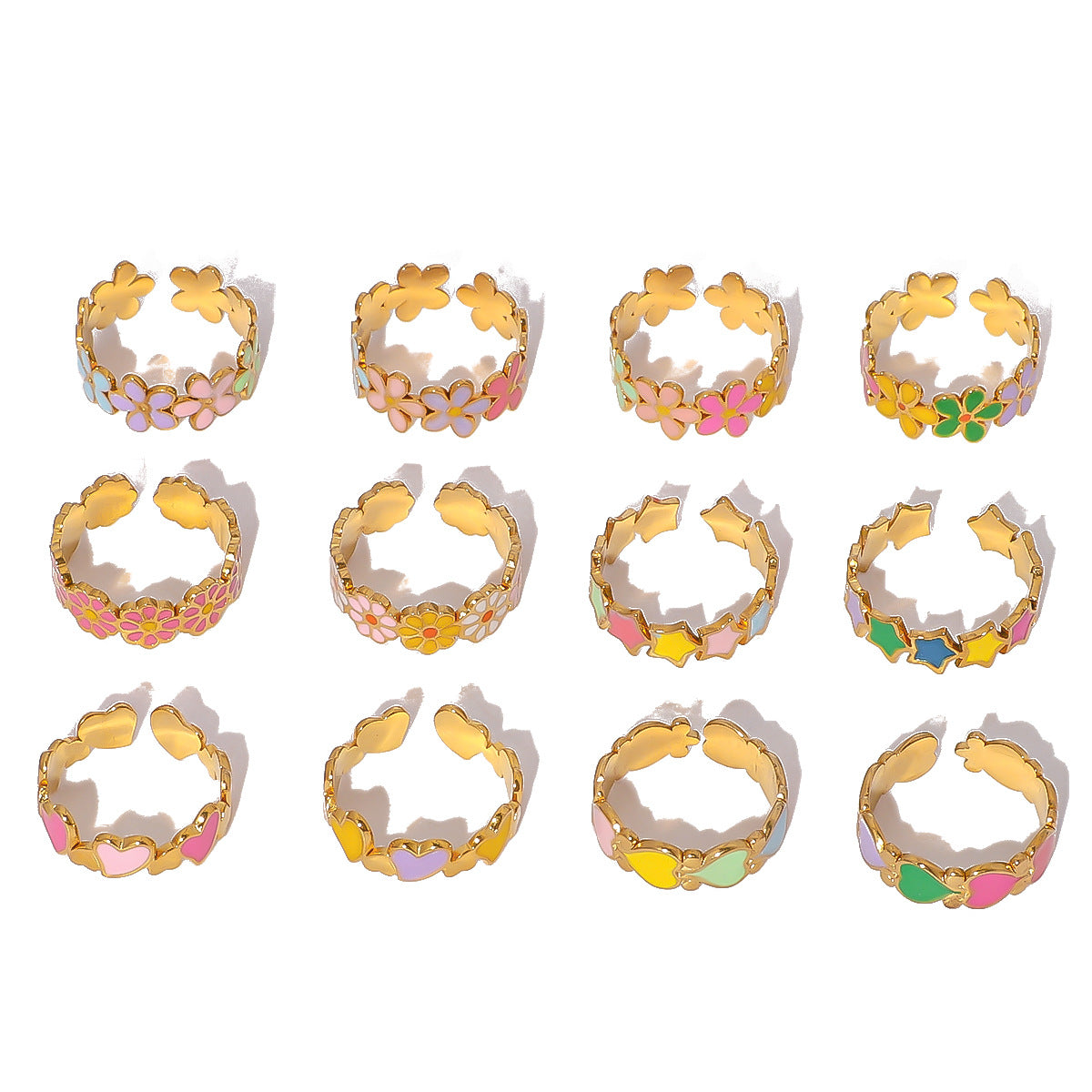Bohemian Adjustable Stainless Steel Ring with Enamel Floral and Heart Design for Women