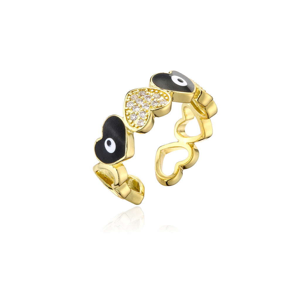 Casual Gold Drip Oil Heart Geometric Brass Ring with Cubic Zirconia for Women