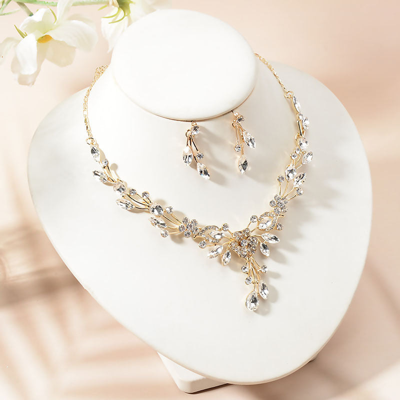 Elegante Set di Collana e Orecchini Placcati in Lega con Strass Floreali da Donna