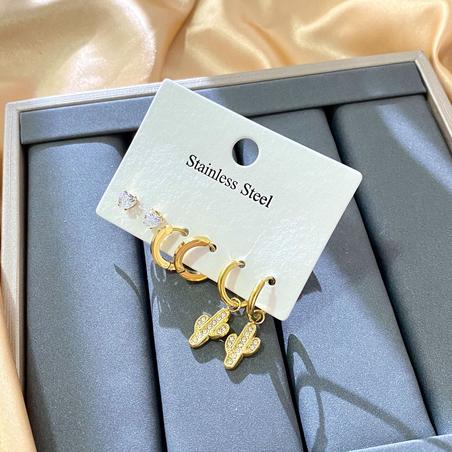 Elegant Stainless Steel Cross Cactus Leaf Rhinestone Stud Earrings for Women