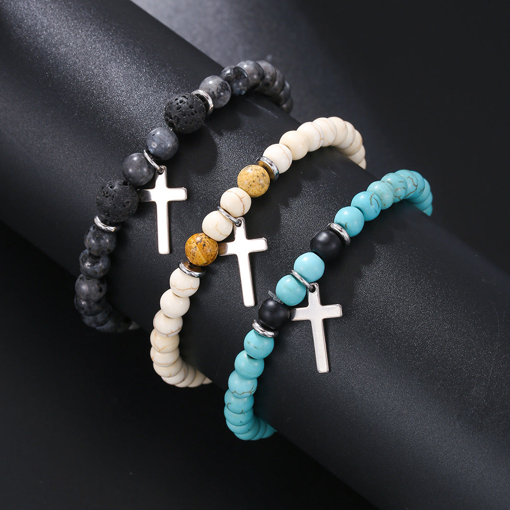 Bohemian Ethnic Turquoise Beaded Bracelet with Cross Pendant