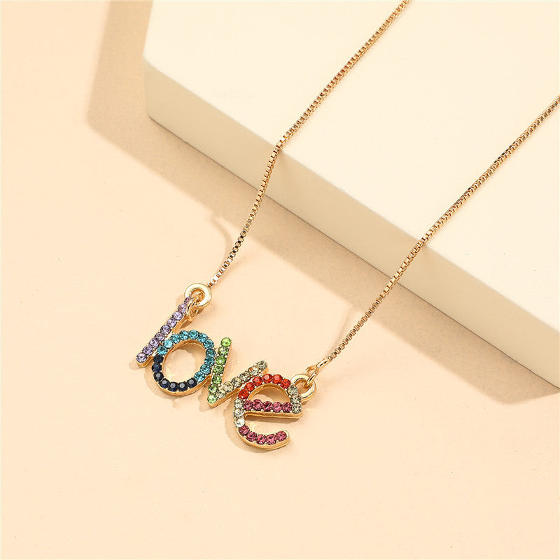 Cartoon Style Letter Shape Alloy Necklace with Rhinestone Inlay for Kids, Rainbow Colored Love Pendant on O-Chain