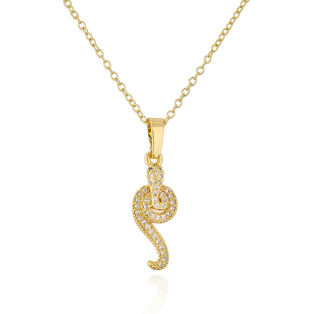 Minimalist Snake-Shaped Pendant Necklace for Women Made of Copper with 18K Gold Plating and Zircon Inlay