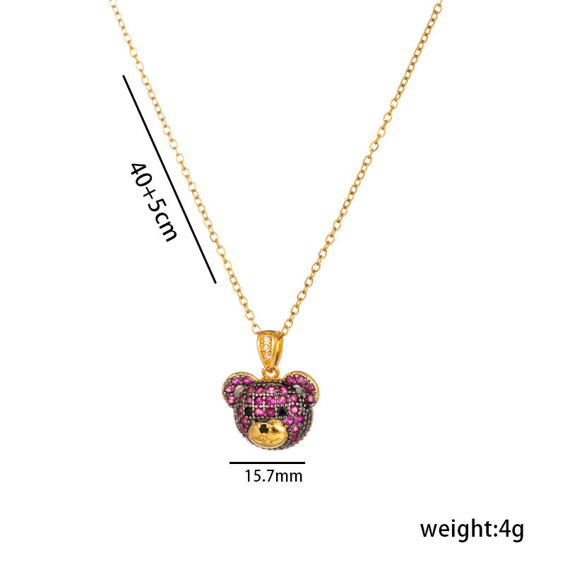 Minimalist 18K Gold Plated Colorful Bear Pendant Necklace with Rhinestones Titanium Steel O-Chain for Women