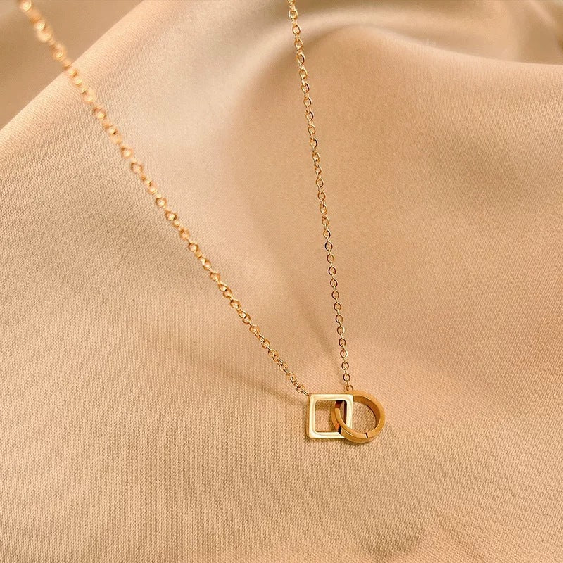 Minimalist Elegant Geometric Titanium Steel Plated Double Ring Necklace for Women