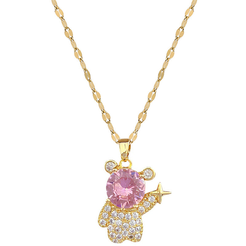 Minimalist Star and Bear Pendant Necklace for Women Stainless Steel Chain with Rhinestone Accents Lightweight Elegant Clavicle Chain