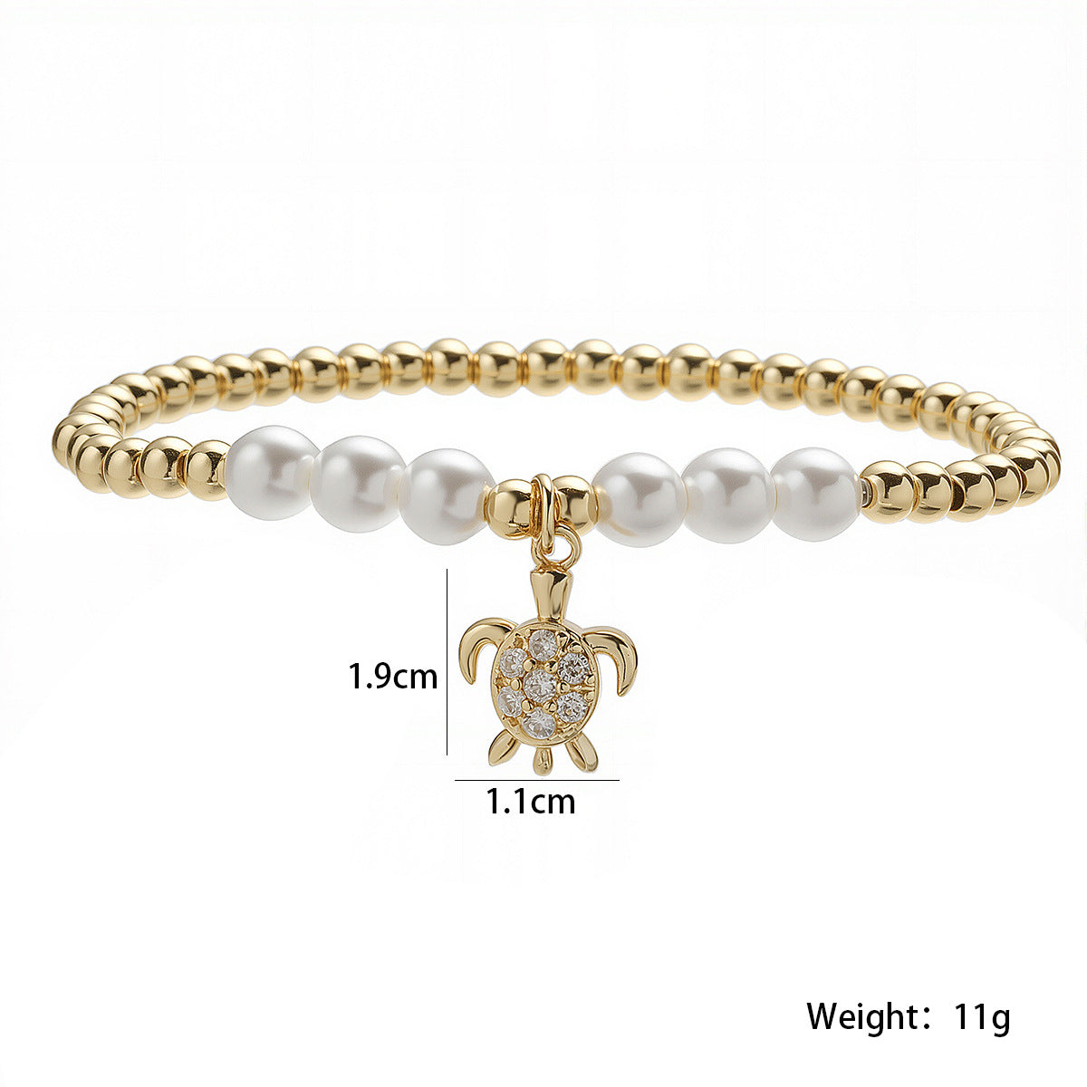 Fashion Minimalist 18K Gold Plated Brass Geometric Turtle Cubic Zirconia Pearl Ball Chain Bracelet for Women