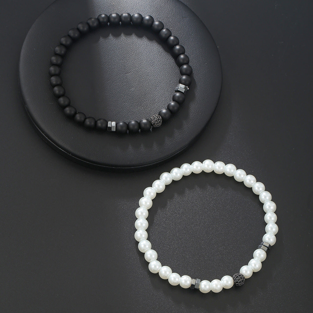 Hip-hop Matte Black Imitation Pearl Beaded Bracelet with Micro-pave Cubic Zirconia