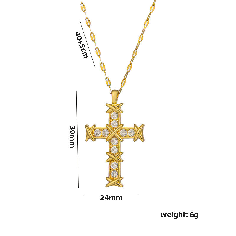 Minimalist Cross Pendant Necklace for Women in Titanium Steel with Vacuum Plating and Water Wave Chain