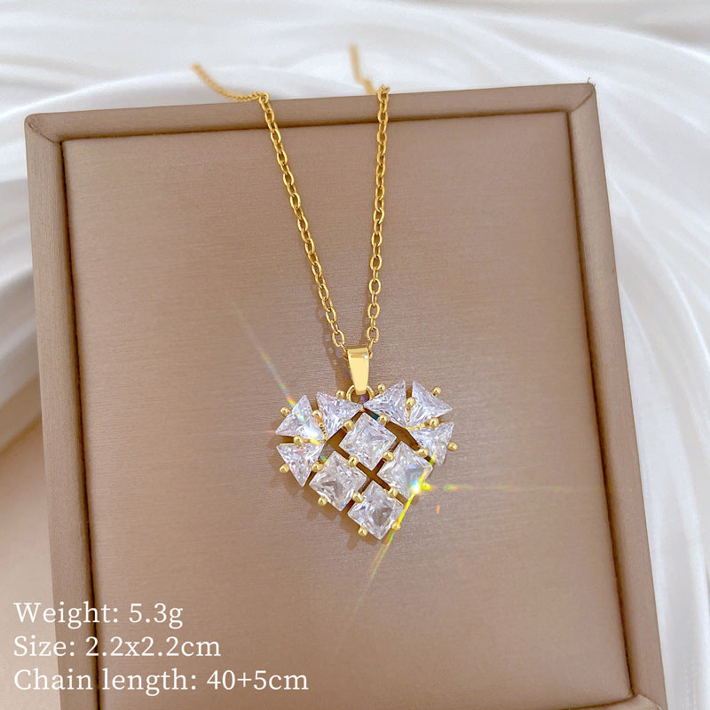 Sweet Minimalist Heart Geometric Rhinestone Titanium Steel Necklace Unisex Cable Chain