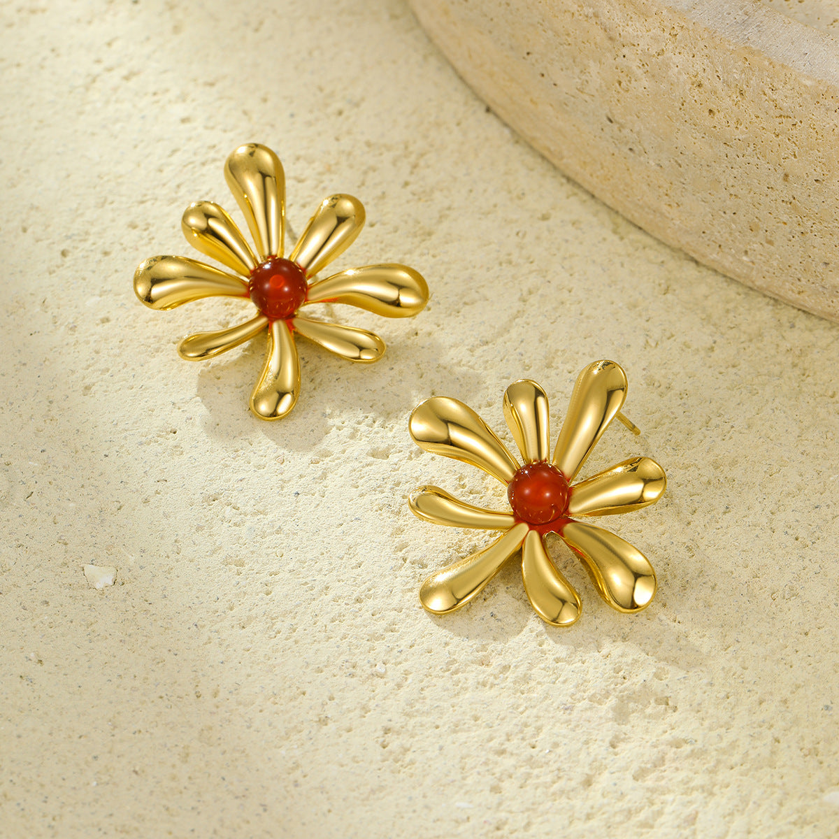 Pendientes Vintage de Acero Inoxidable con Forma de Girasol, Chapado en Oro de 18K e Incrustaciones de Piedras Naturales para Mujer