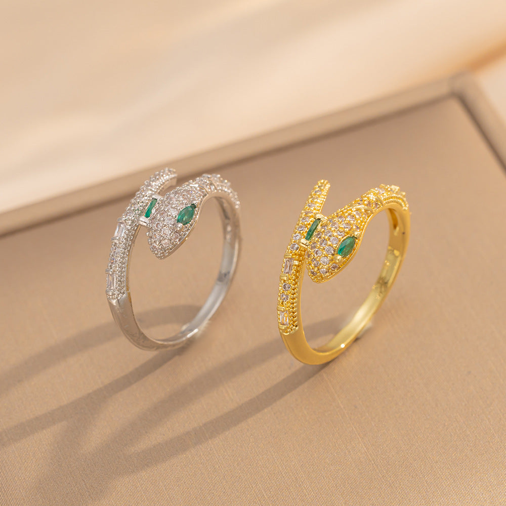 Luxury Minimalist Snake-Shaped Ring in Gold-Plated Copper with Zircon Inlay for Women