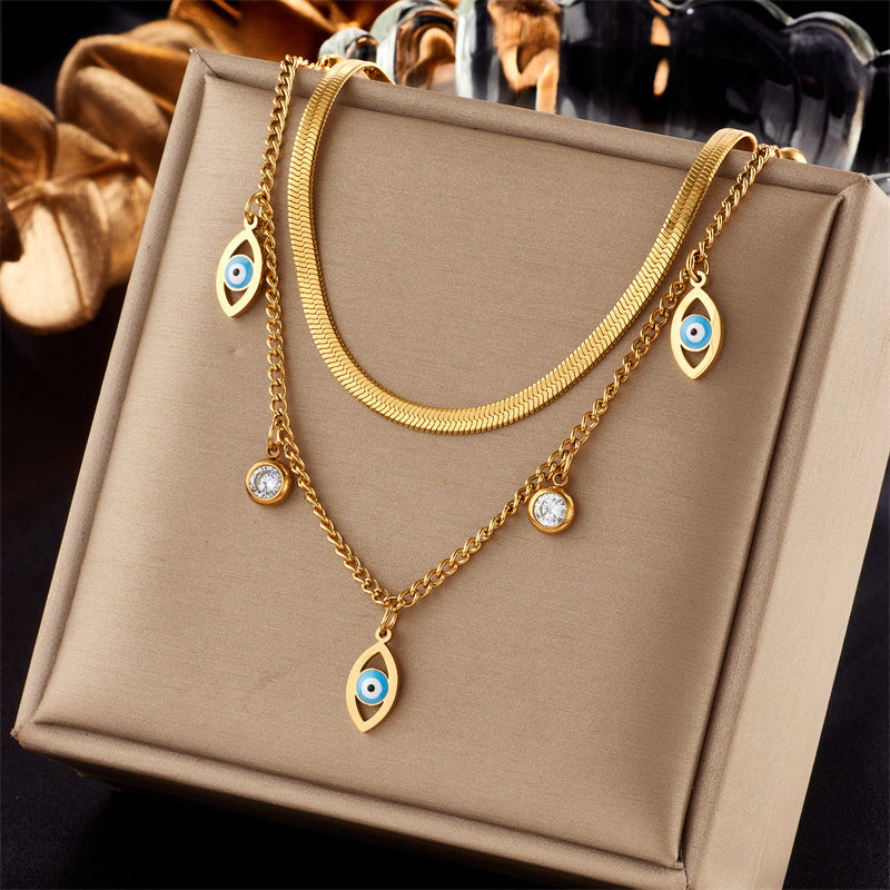 Collana Pendente Cuore a Doppio Strato Stile Minimalista con Ciondoli Quadrati con Strass Intarsiati e Rotondi in Perle su Catena in Acciaio Inossidabile