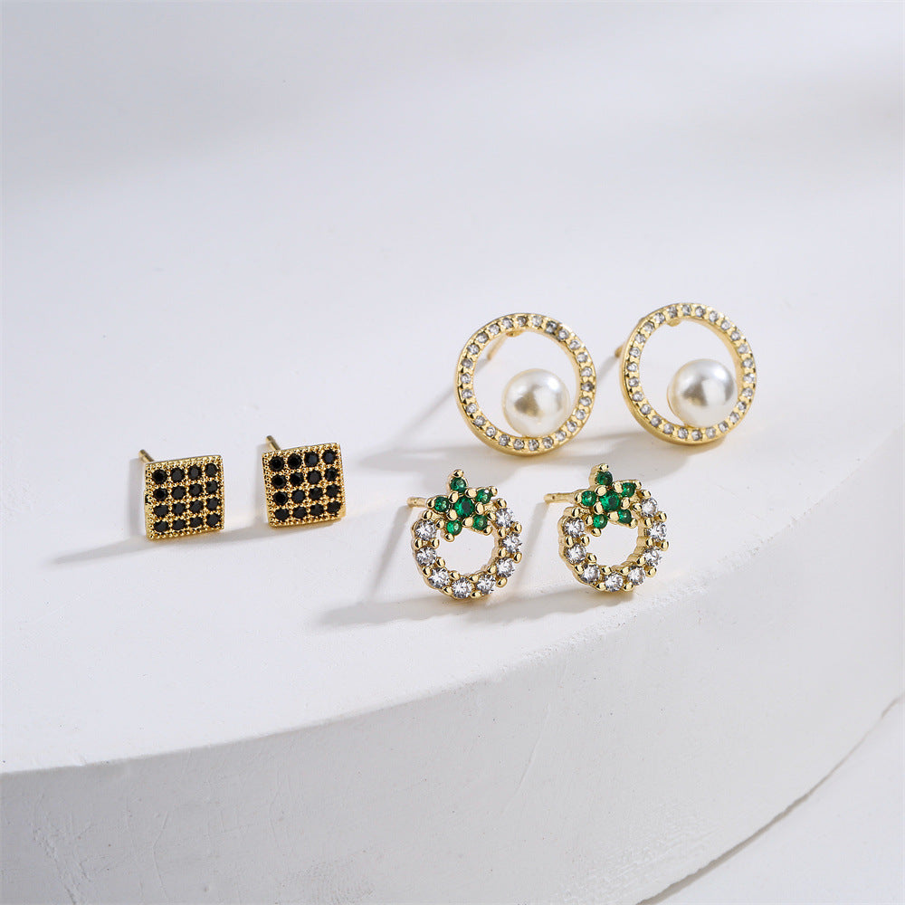Minimalist Modern Geometric Stud Earrings for Women in Copper with Real Gold Plating and Micro-Paved Zirconia and Pearl Accents
