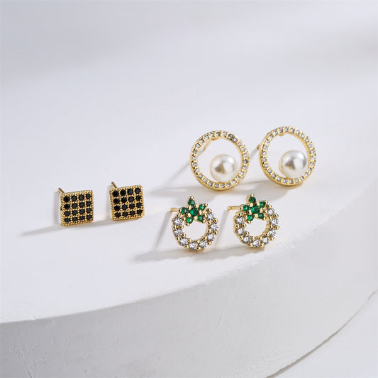 Minimalist Modern Geometric Stud Earrings for Women in Copper with Real Gold Plating and Micro-Paved Zirconia and Pearl Accents