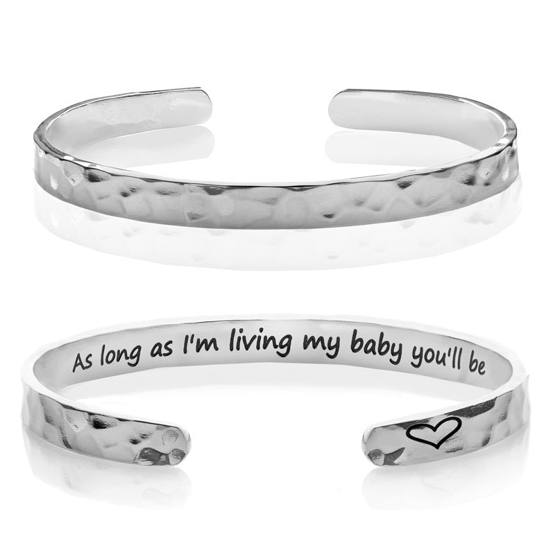 Minimalist Stainless Steel Engraved Open Moon Surface Textured Hammered Bracelet