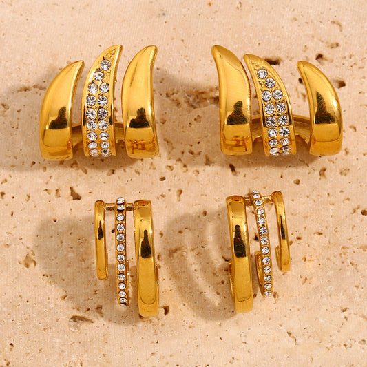 Minimalist Geometric Stainless Steel Earrings with 18K Gold Plating and Rhinestone Accents for Women