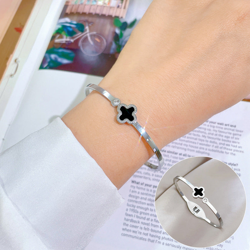 Minimalist Luxury Titanium Steel Bracelet with Mother-of-Pearl Smile Charm
