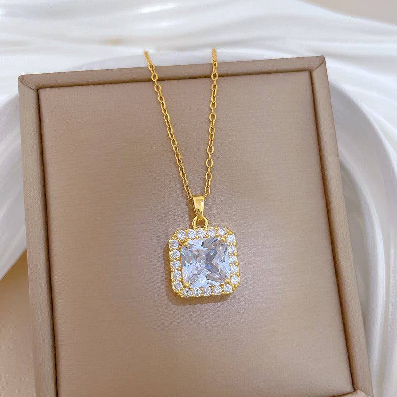 Sweet Minimalist Square Geometric Micro-Inlaid Cubic Zirconia Titanium Steel Necklace for Unisex