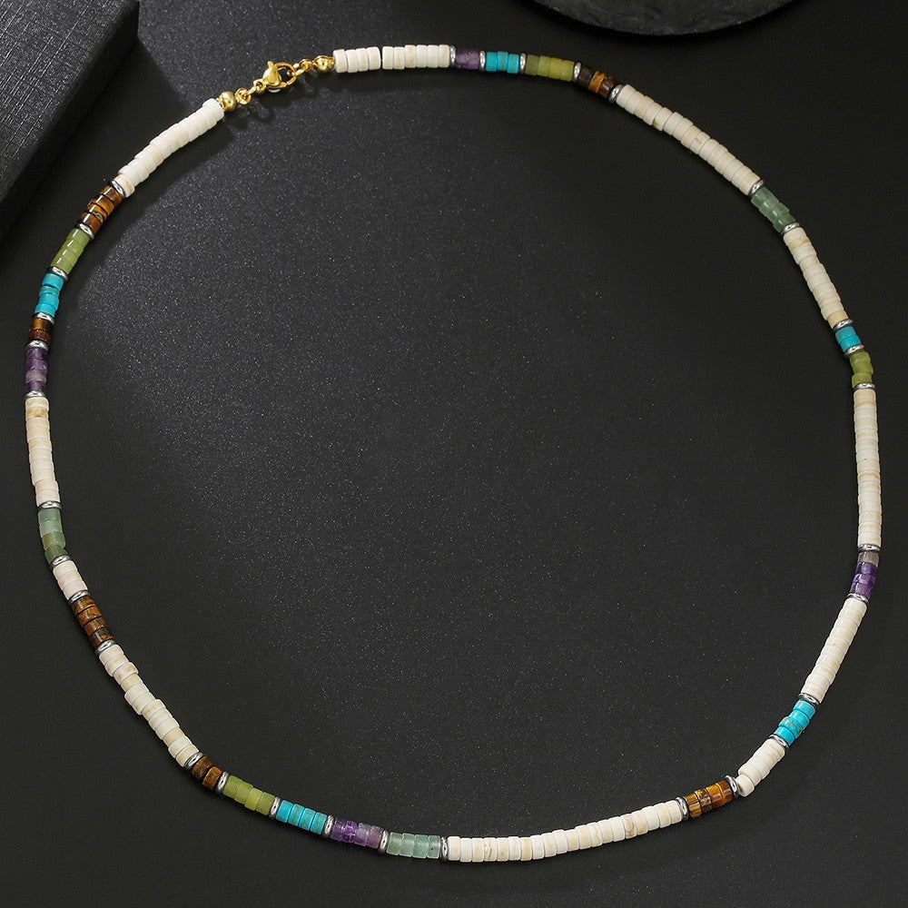 Bohemian Geometric Wood Beaded Necklace with Turquoise Inlay Cable Chain Unisex