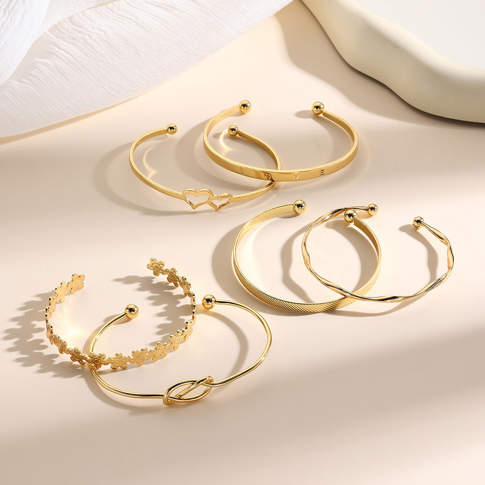 Geometric Heart Knot Flower Alloy Cuff Bracelet Set for Women
