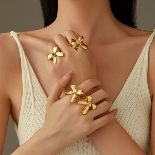 Fashionable Bow-Shaped Stainless Steel Earrings with Zircon Inlay for Women, Polished Surface and Versatile Office Wear Design