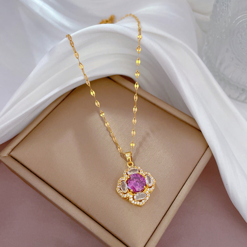 Luxury Floral Design Titanium Steel Necklace with Zircon Inlay for Women Featuring Rose Camellia and Lily of the Valley Petal Motifs