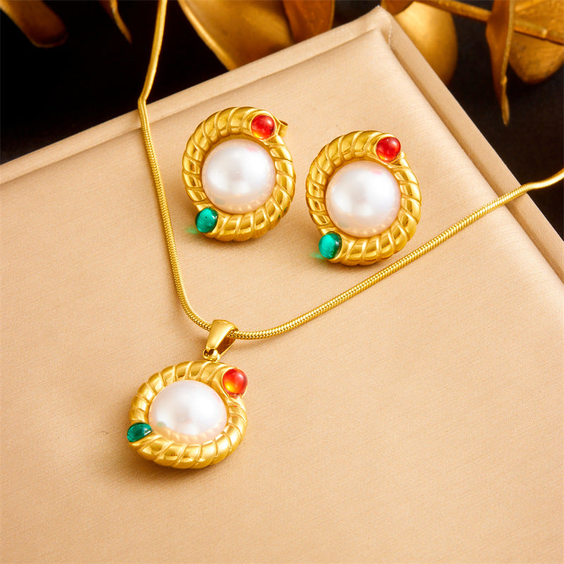 Minimalist Elegant Round Pearl Rhinestone Inlay Stainless Steel Necklace and Bracelet Set with Rope Chain