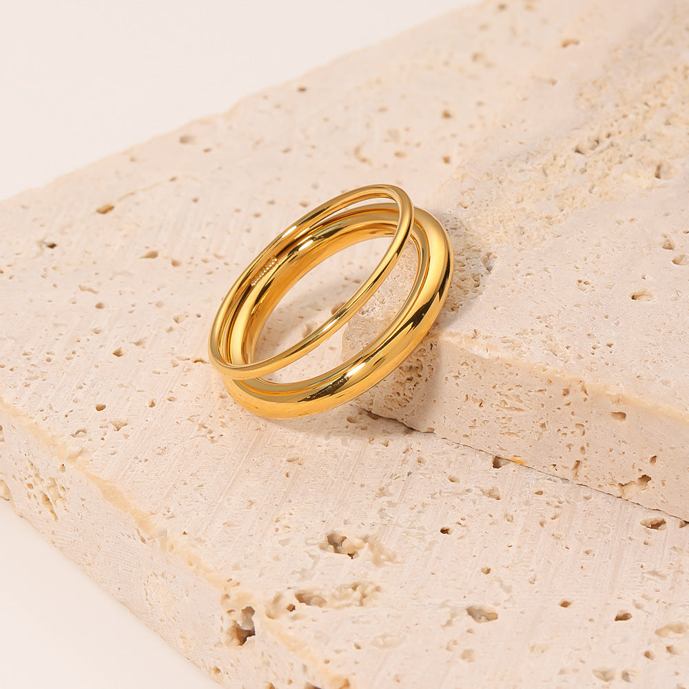 Minimalist Geometric Stainless Steel Double-Layer Hollow Band Ring for Women with Plated Finish