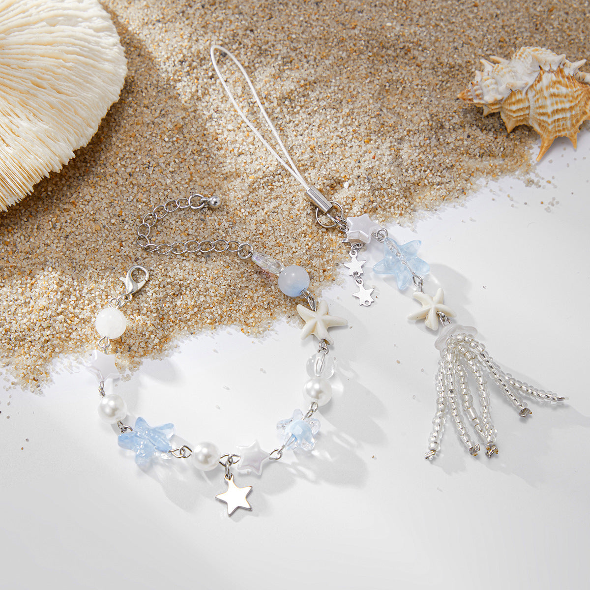 Pulsera con borlas en forma de estrella estilo vacaciones con perlas de imitación para mujer