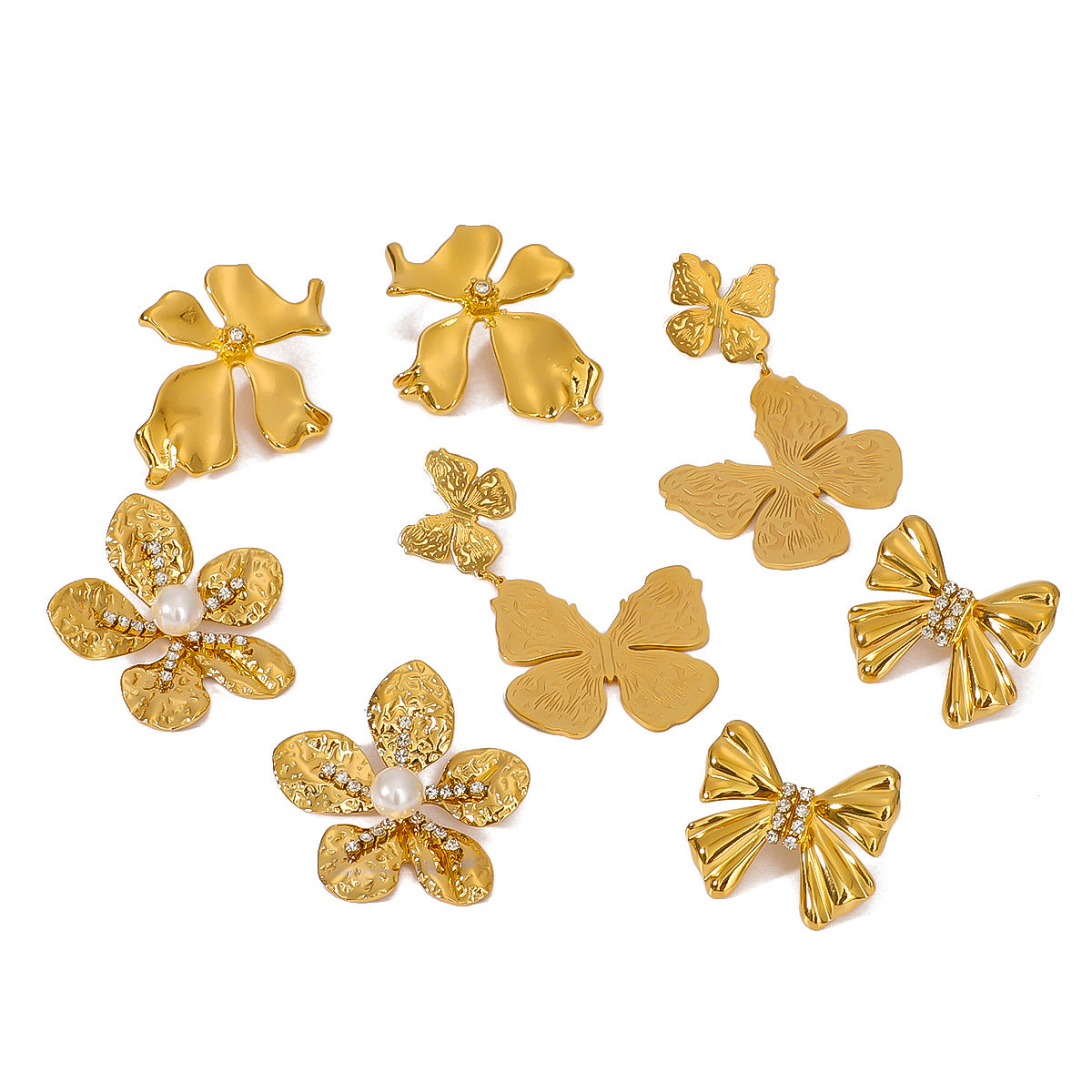 Orecchini da donna in acciaio inossidabile placcati oro 18 carati con farfalle e fiori in stile francese, intarsi in strass e perle