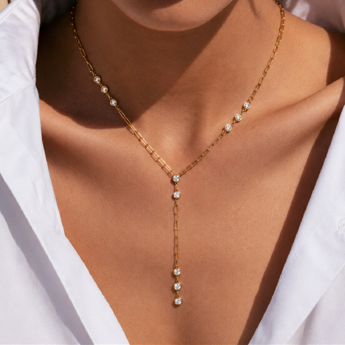 Luxury Minimalist Round Geometric Cubic Zirconia Pendant 18K Gold Plated Stainless Steel Y-Shape Tassel Necklace for Women