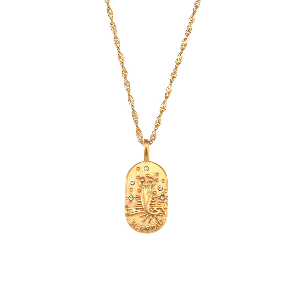 Collana con Pendente Zodiacale Retrò Minimalista in Acciaio Inossidabile con Intarsio di Strass da Donna