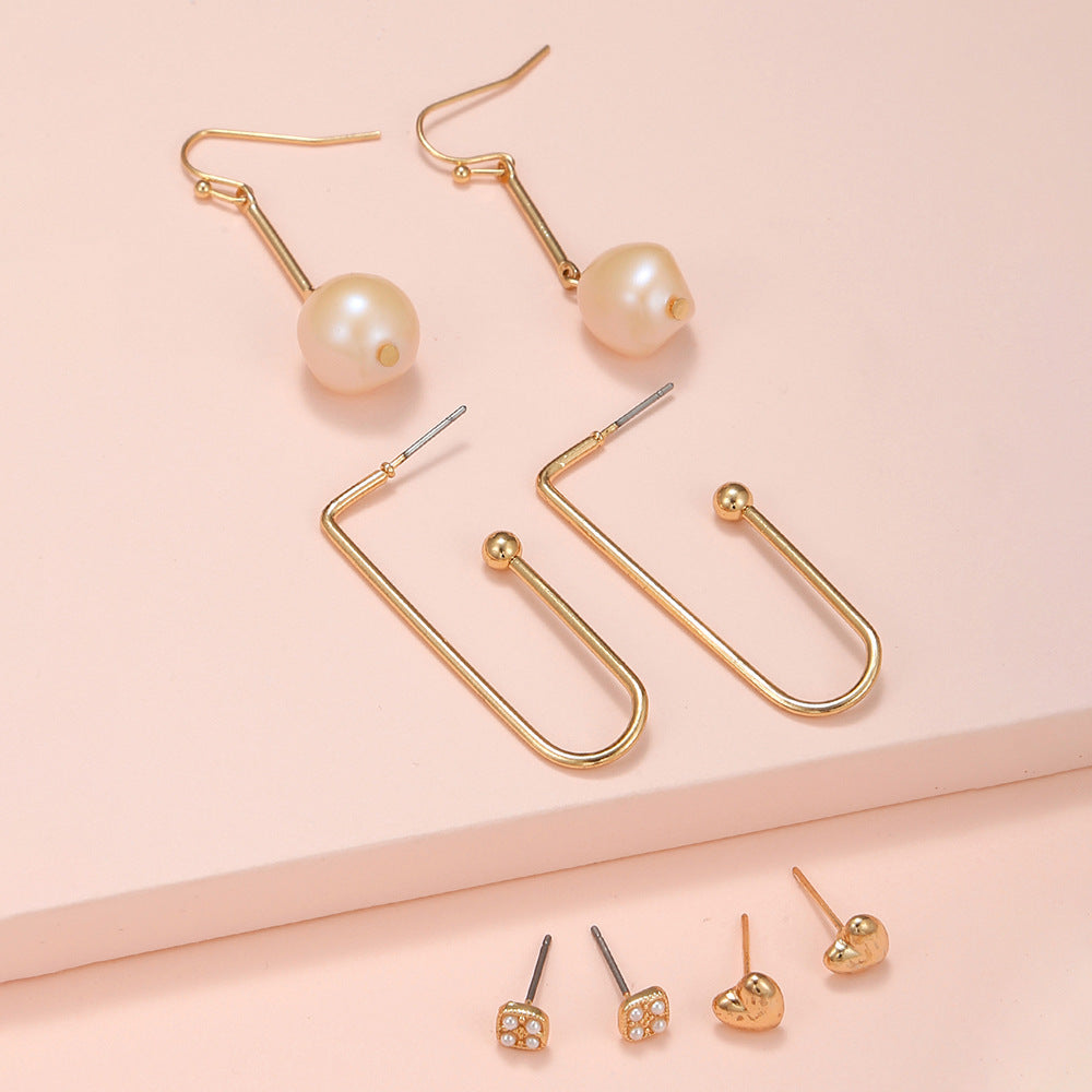 Sweet Rhinestone Inlaid Heart and Round Geometric Pearl Drop Earrings Set