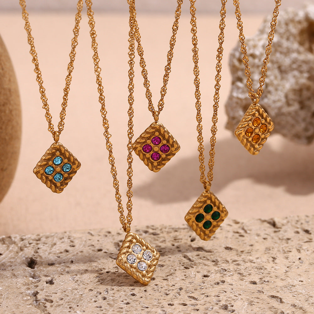 Minimalist Geometric Rhombus Pendant Necklace in Stainless Steel with 18K Gold Plating and Four Rhinestones for Women
