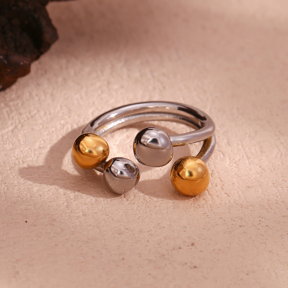 Creative Geometric Stainless Steel Ring with 18K Gold Plating and Floral Heart Design for Women