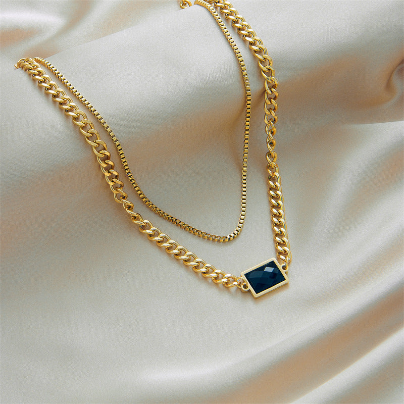 Vintage Minimalist Rectangular Black Rhinestone Double-Layer Titanium Steel Plated Necklace for Women