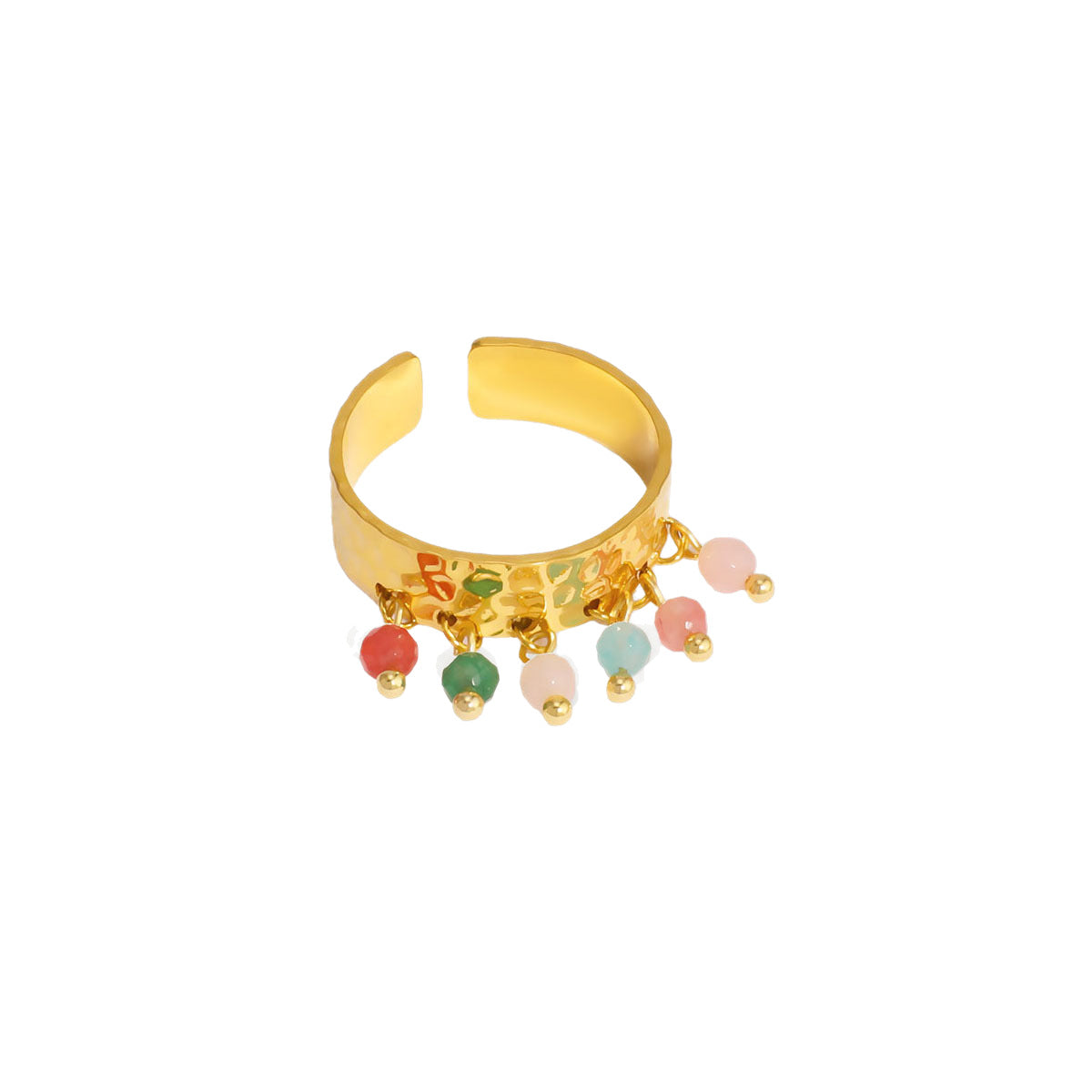 Anello Ins Style geometrico in acciaio inossidabile con placcatura in oro 18 carati, inserti in pietra naturale e conchiglia, fascia regolabile a nappa