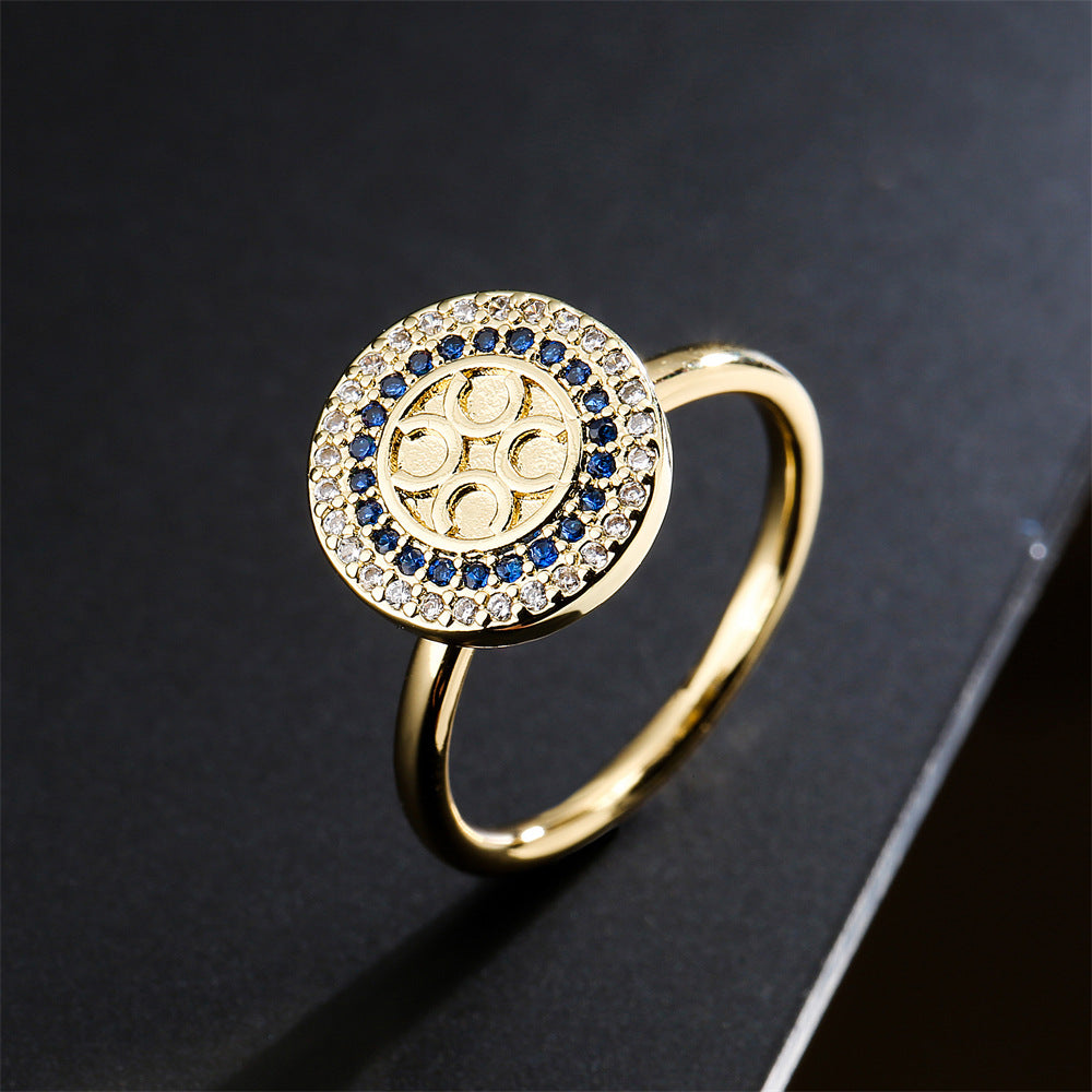 Anello aperto da donna vintage geometrico blu e bianco con zirconi, realizzato in rame con placcatura in oro vero