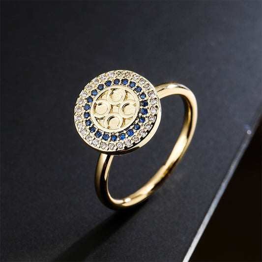 Anillo Abierto Geométrico Vintage de Circonita Azul y Blanca para Mujer Hecho de Cobre con Baño de Oro Real