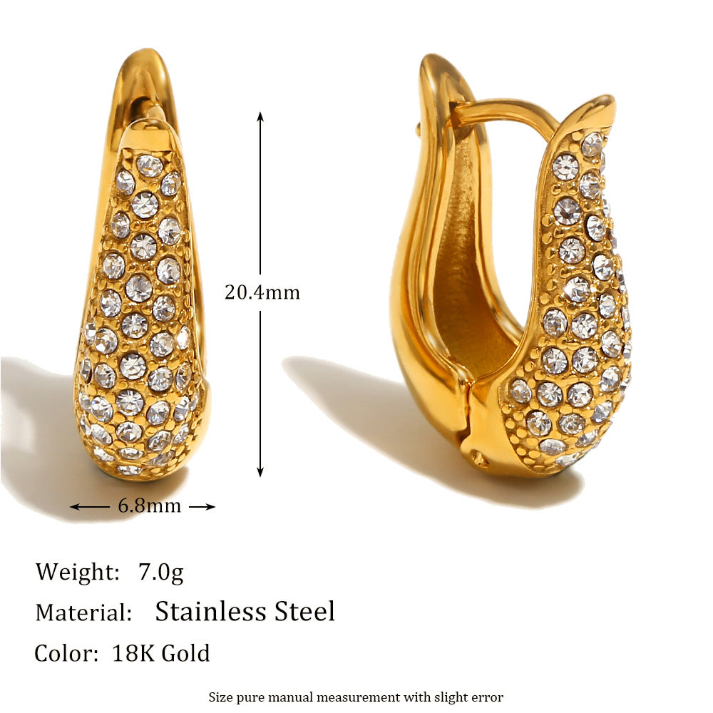 Fashionable Geometric U-Shaped Stainless Steel Earrings with 18K Gold Plating and Full Rhinestone Accents for Women
